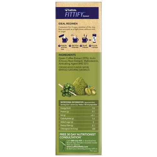 Saffola FITTIFY Gourmet Classic Green Coffee Instant Beverage Mix, 15 Sachets Box-7.webp